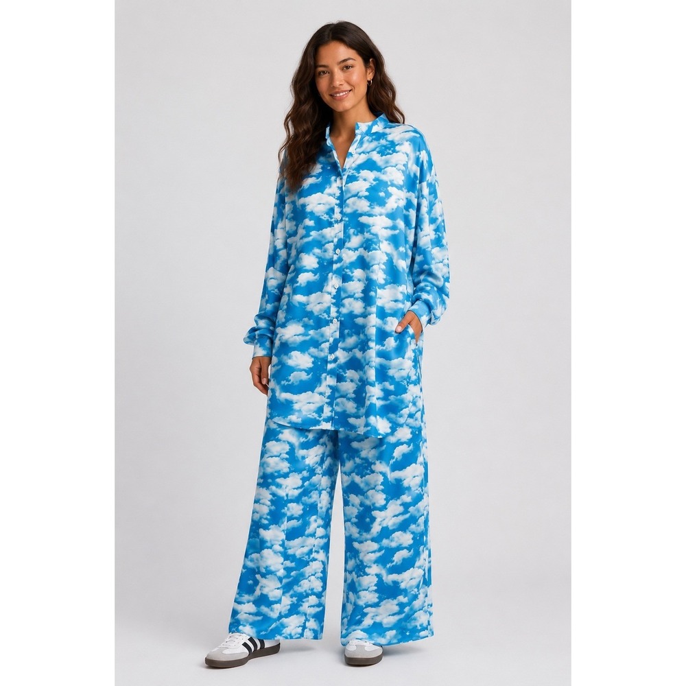 LALA Lagenlook Blue Sky Cloud Print Oversized Wide Leg Pant Set MS-1375-CLD-S